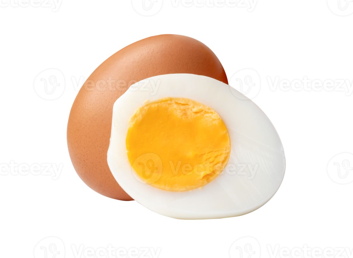 A small heap of raw brown chicken eggs and cooked or boiled chicken egg with egg yolk in half isolated with clipping path in file format png