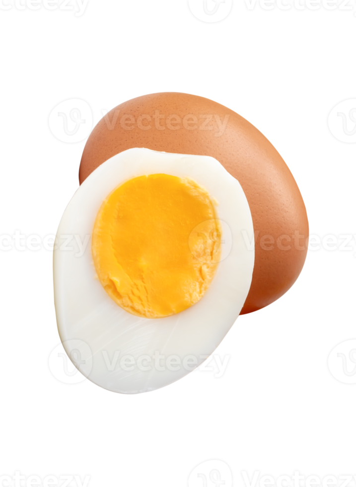 Raw brown chicken eggs and cooked or boiled chicken egg with egg yolk in half isolated with clipping path in file format png