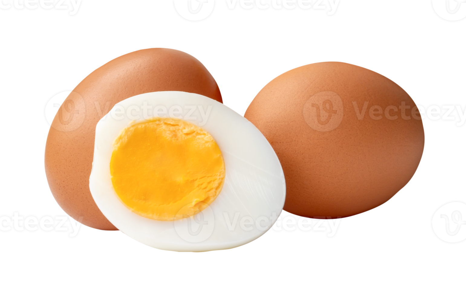 A heap of raw brown chicken eggs and cooked or boiled chicken egg with egg yolk in half isolated with clipping path in file format png