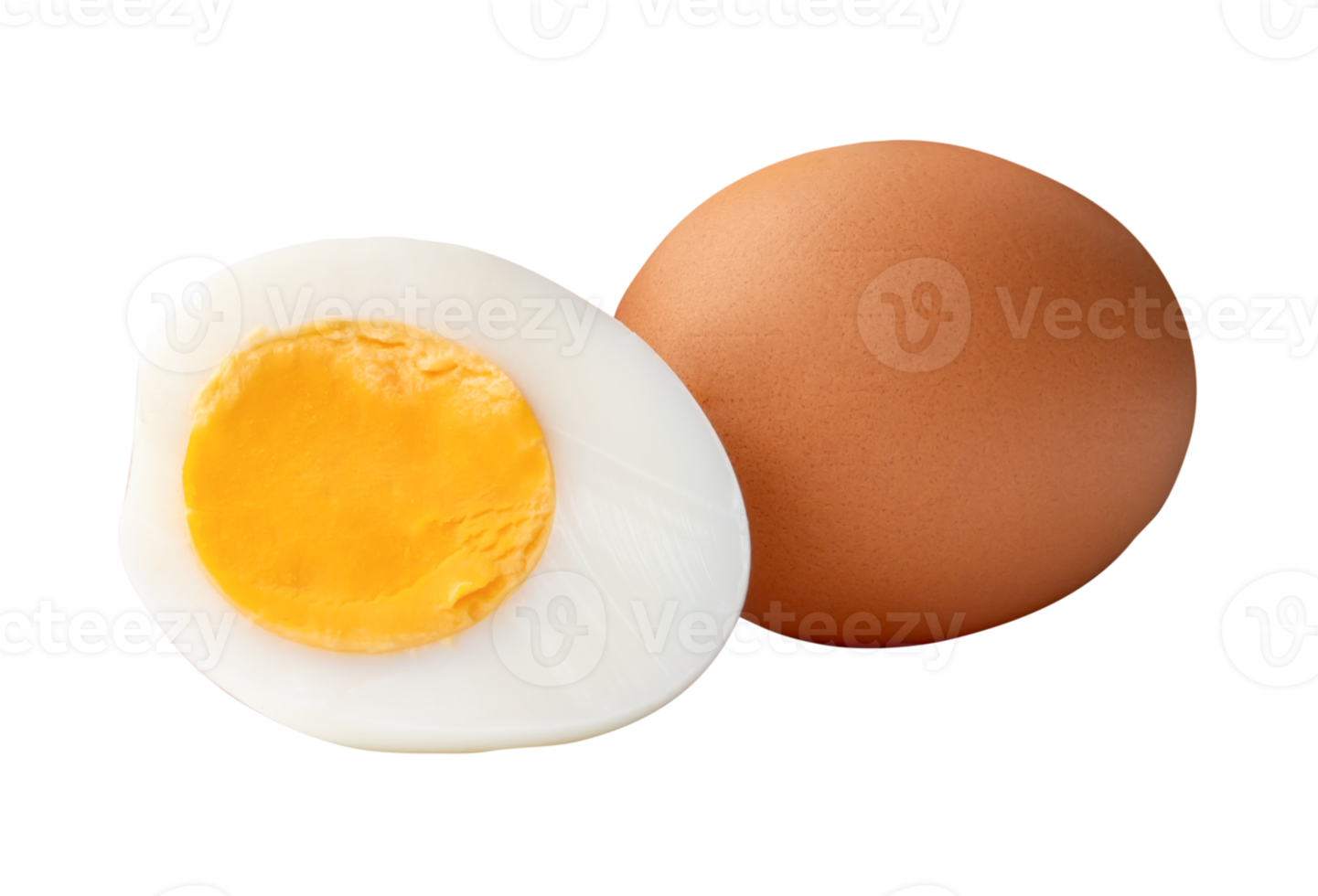 A raw brown chicken eggs and cooked or boiled chicken egg with egg yolk in half in heap isolated with clipping path in file format png