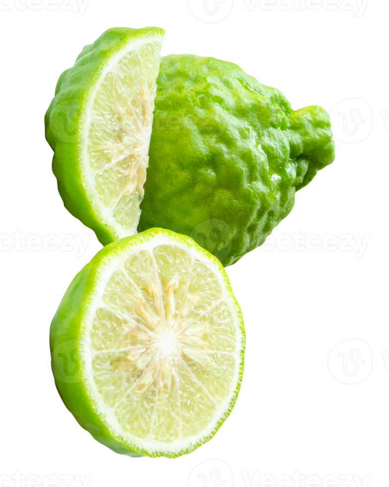 One wrinkled fresh green bergamot fruit or kaffir lime with half and slice or quarter in stack isolated with clipping path in format png