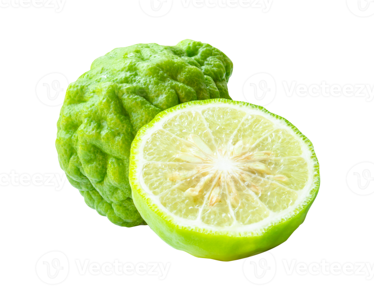 Green bergamot fruit or kaffir lime with half isolated with clipping path in file format png