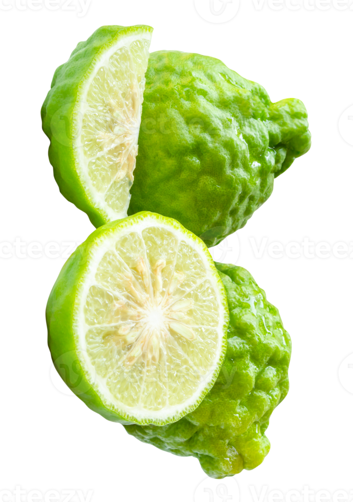 Wrinkled green bergamot fruits or kaffir lime with half and slice or quarter in stack isolated with clipping path in file format png