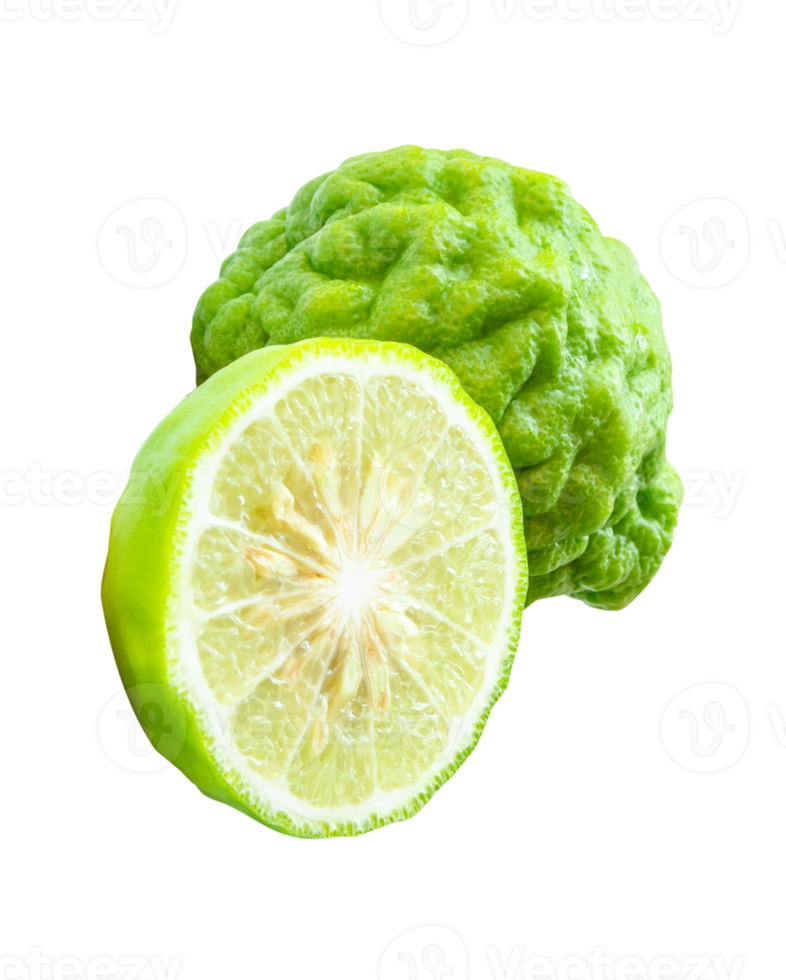 Wrinkled green bergamot fruit or kaffir lime with half isolated with clipping path in file format png