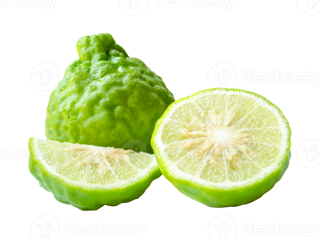 Wrinkled fresh green bergamot fruit or kaffir lime with half and slice or quarter in stack isolated with clipping path in format png