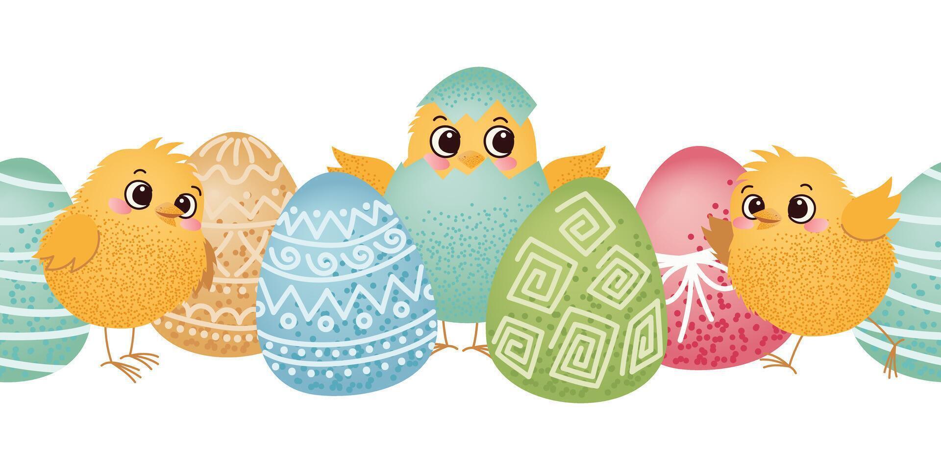 Cute baby chicks among decorated Easter eggs. Seamless Easter horizontal border, frame. Easter celebration and springtime holidays. vector