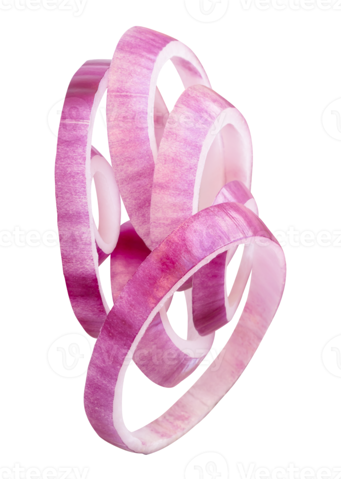 Vertical pile of fresh red or purple onion rings or slices isolated with clipping path in file format png