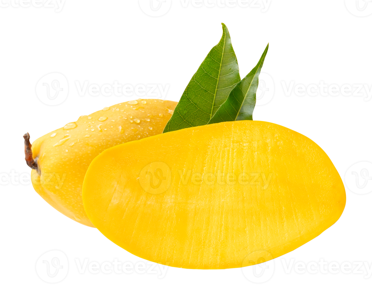 A horizon pile of ripe yellow mango and half with green leaves and water droplets isolated with clipping path in file format png