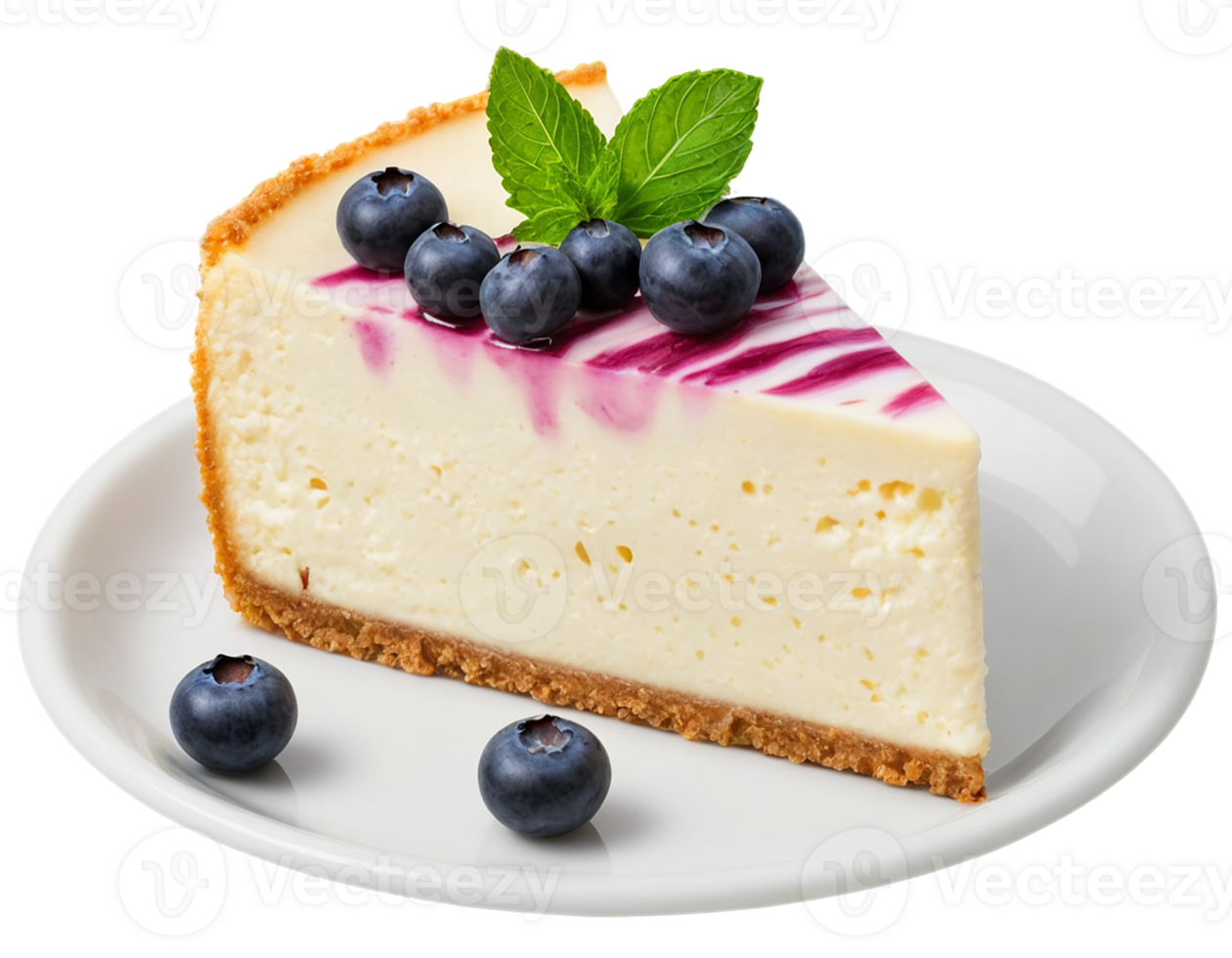 Piece of cheesecake with blueberries and mint isolated on transparent background - generated by ai png