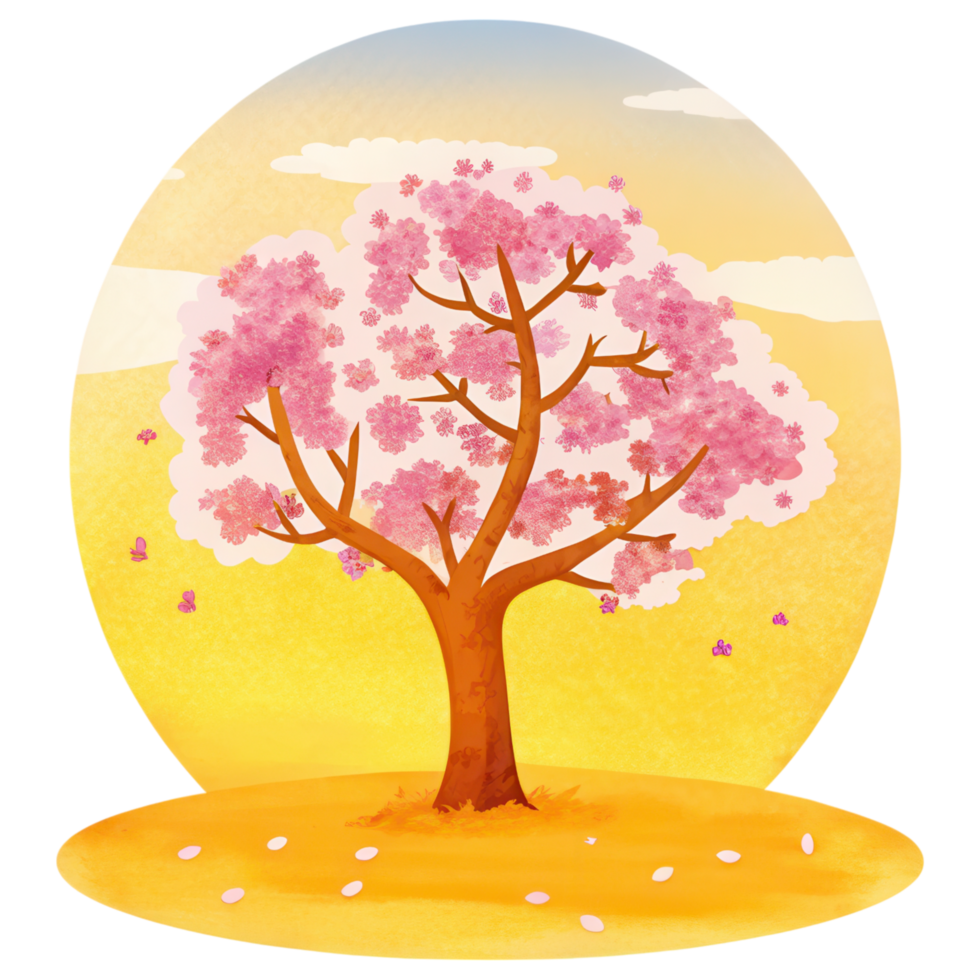 national love a tree concept. Blossoming pink tree against a bright yellow background. png