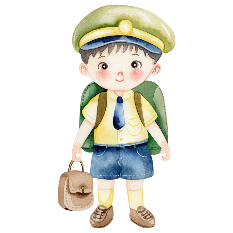 A cute illustration of a young boy wearing a school uniform, a cap, and carrying a backpack and satchel, ready for school. png