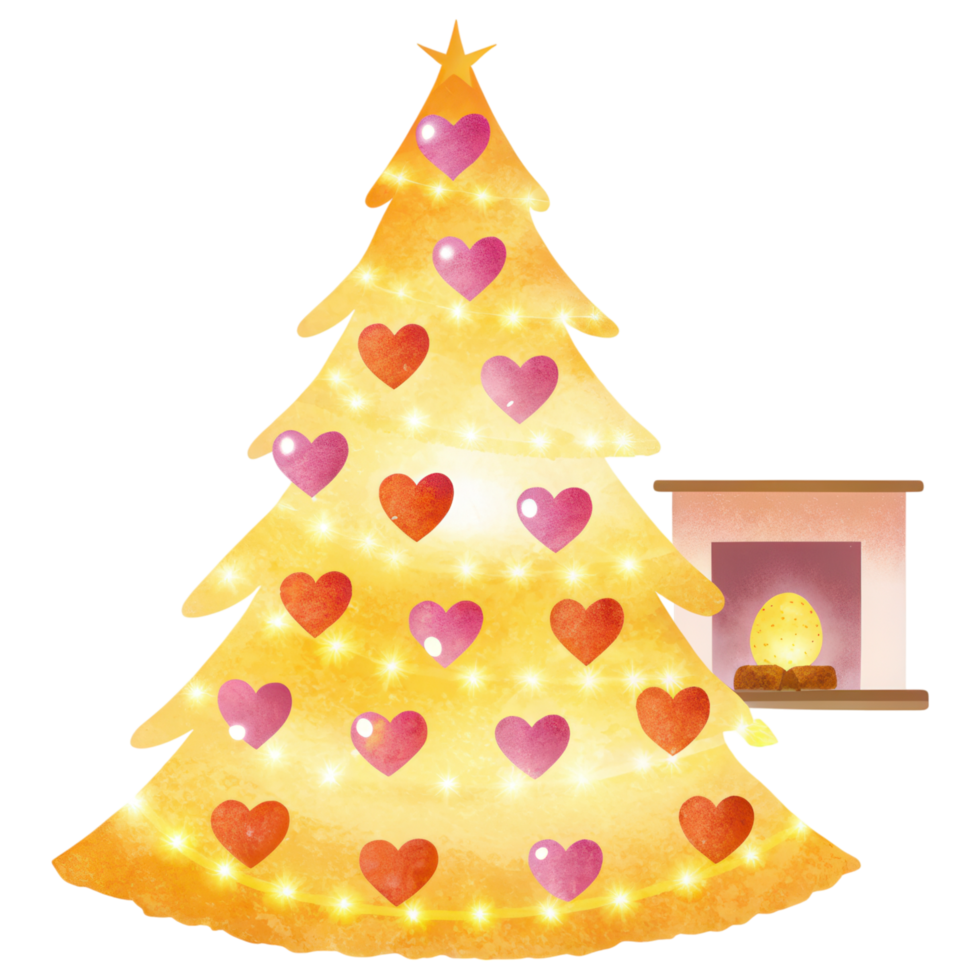 Christmas tree with hearts and a fireplace illustration. png