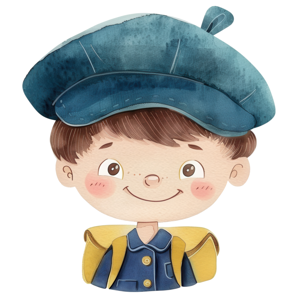 A cheerful boy with a blue beret and a yellow coat, illustrated in a playful, cartoonish style. png