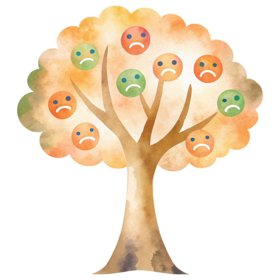 national love a tree concept. Tree with emoticons representing varied emotions in a watercolor style. png