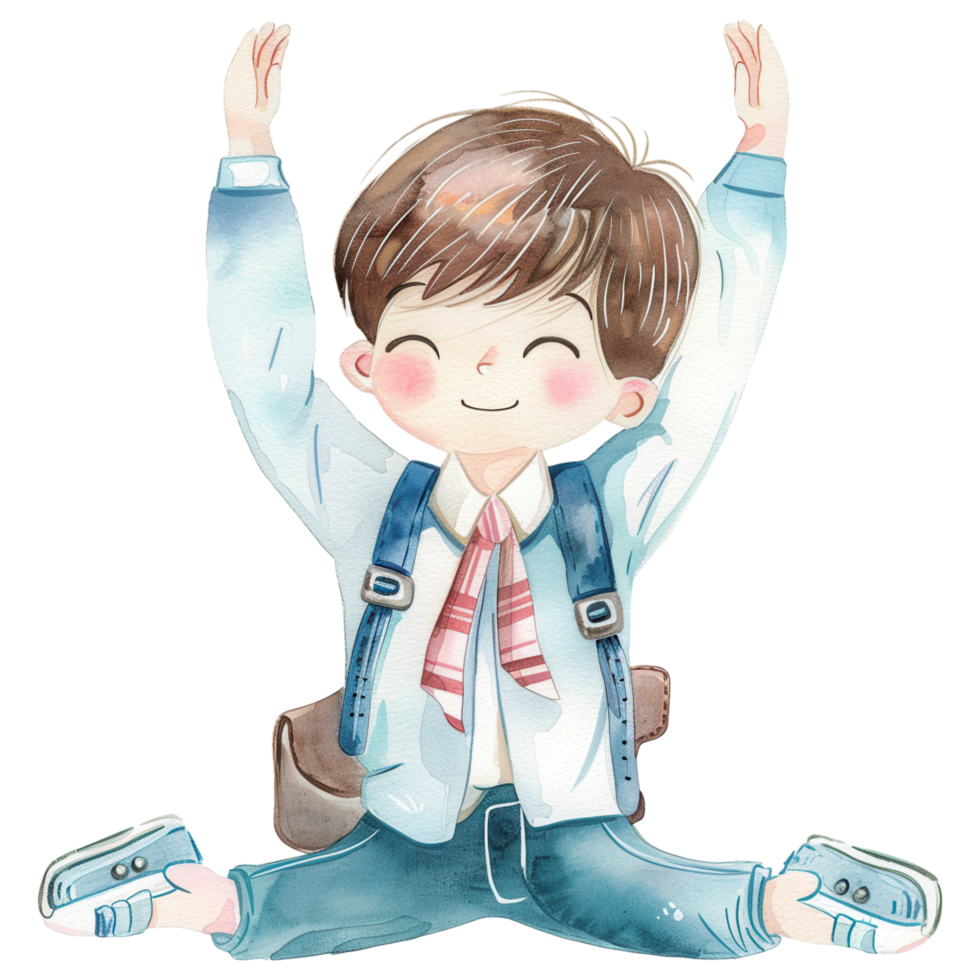 A joyful child with a backpack raises arms in celebration, showcasing happiness and excitement in a playful illustration. png