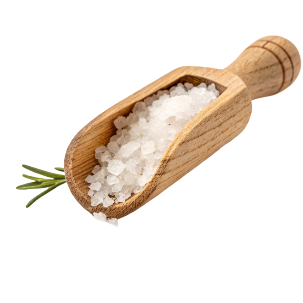 Natural Wooden Scoop with Sea Salt and Fresh Rosemary for Culinary Delights. Perfect for Cooking, Baking, and Elegant Table Settings. Enhance Your Kitchen Experience with Style png