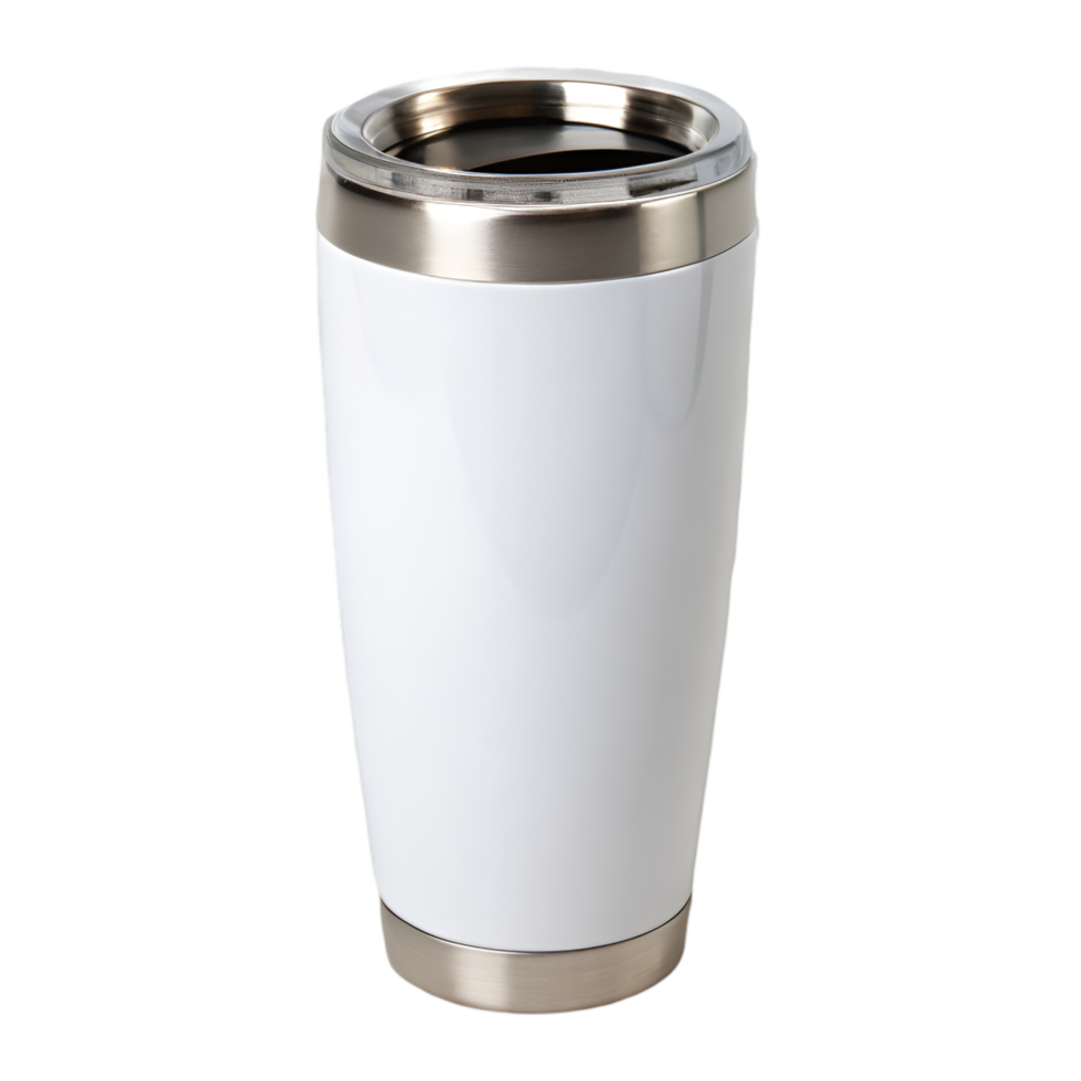 Sleek White Travel Mug with Stainless Steel Base. Ideal for Hot and Cold Beverages on the Go. Stay Hydrated in Style png