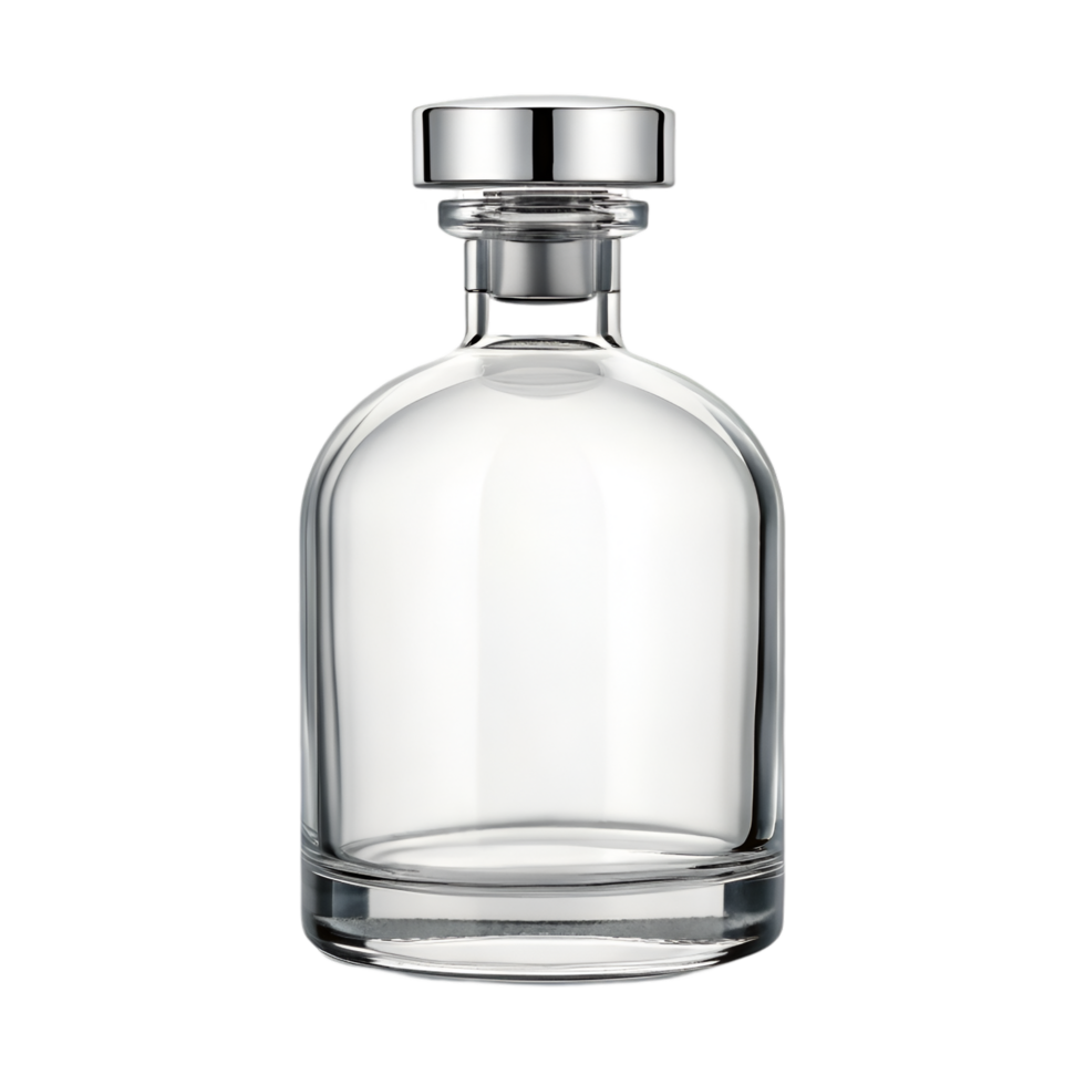 Elegant Clear Glass Bottle with Silver Cap for Storage and Decoration. Perfect for Home Decor, Wedding Favors, and DIY Projects. Enhance Your Space with Stylish Containers png