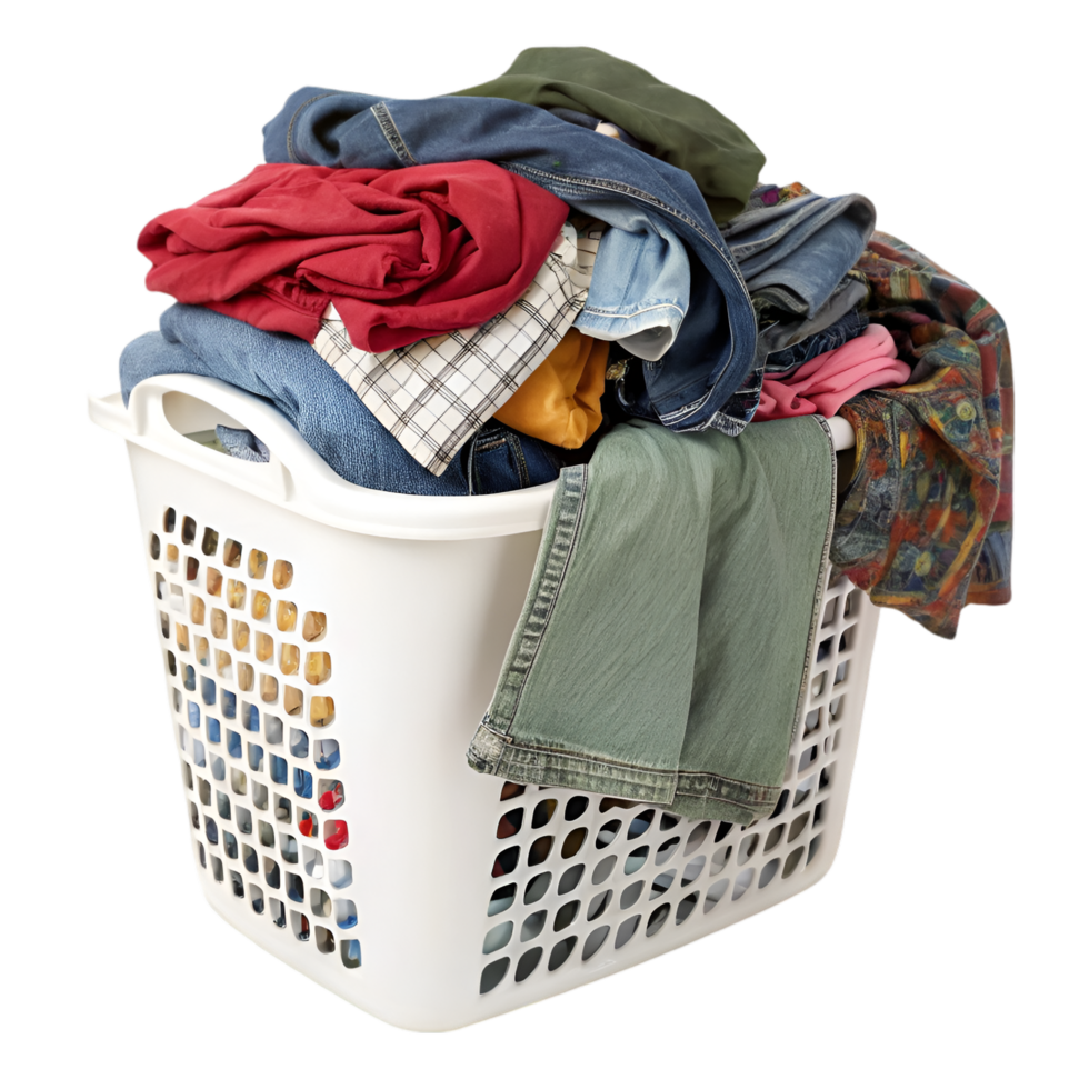 Overflowing Laundry Basket Filled with Mixed Clothes. Ideal for Household Chores and Organization Inspiration png