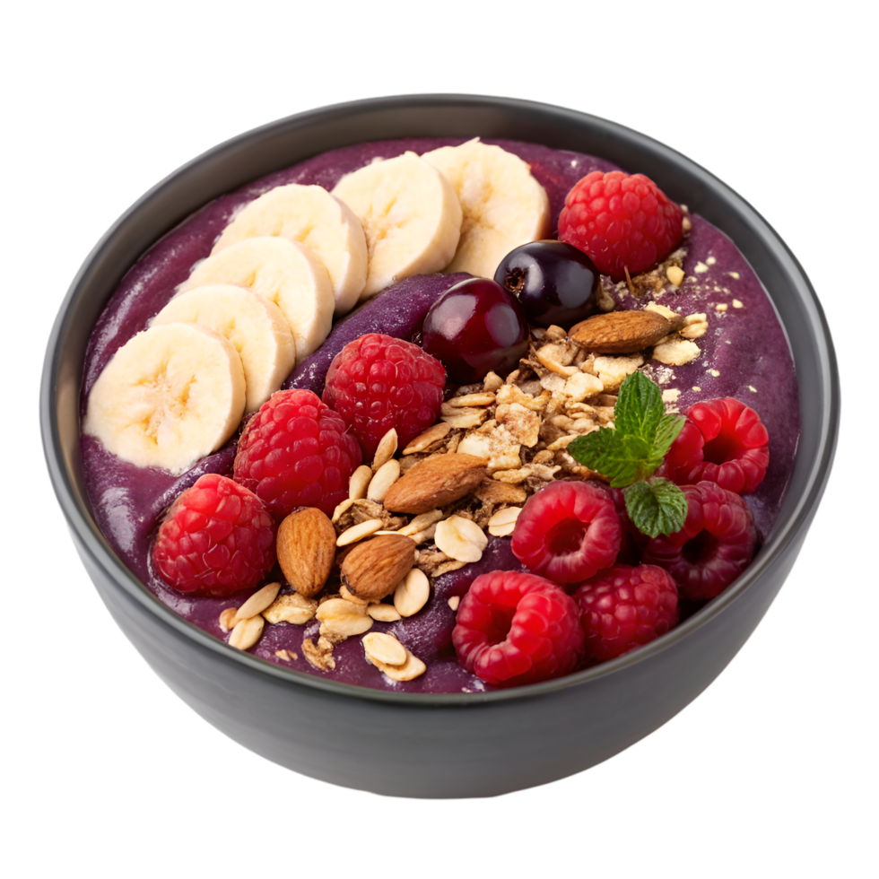 Vibrant Acai Bowl Topped with Fresh Fruits and Nuts. A Nutritious and Delicious Breakfast Option for Health Enthusiasts png
