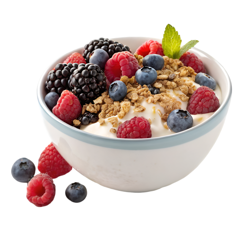 Delicious Yogurt Bowl Topped with Fresh Berries and Granola. A Healthy and Nutritious Snack for Any Time of Day png