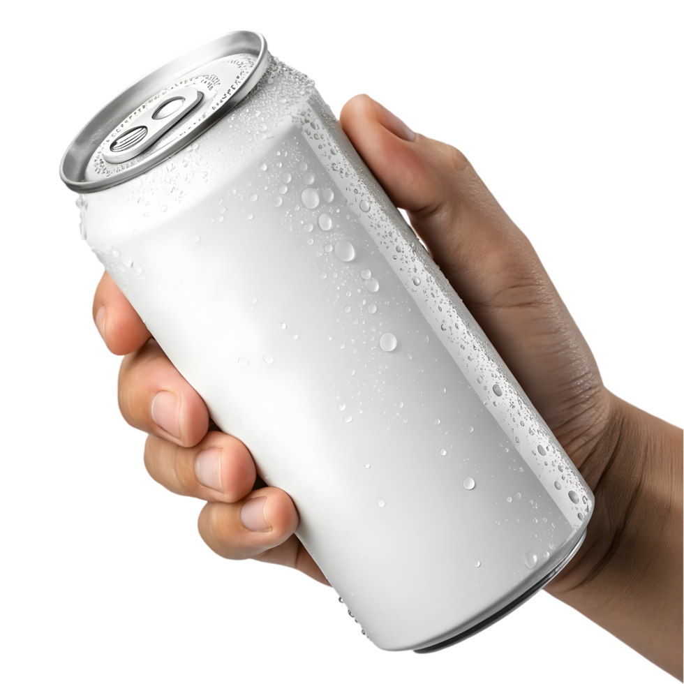 Hand Holding a Cold, Condensation-Covered Aluminum Can. Perfect for Beverage Promotion, Refreshment, and Lifestyle Themes png