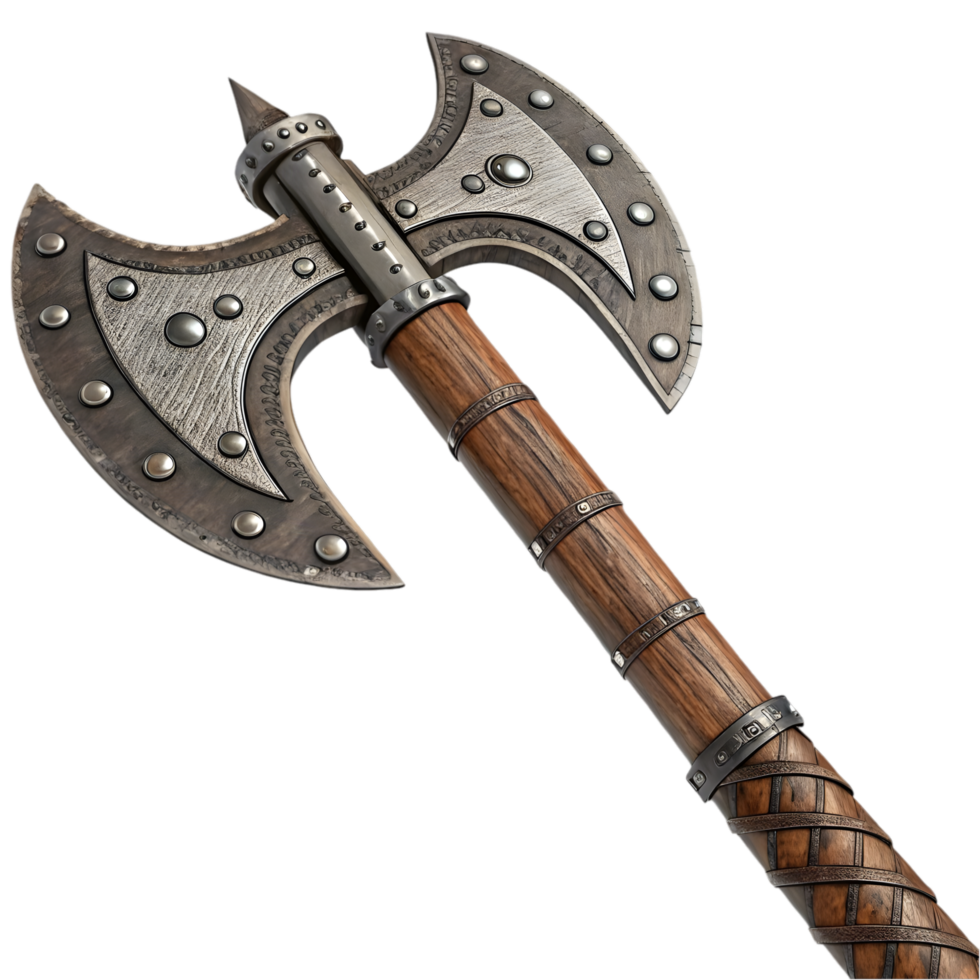 Medieval Double-Headed Axe for Collectors and Historical Reenactments. Perfect for Display, Cosplay, and Themed Events. Ideal for Adding Authenticity and Character to Any Collection. png