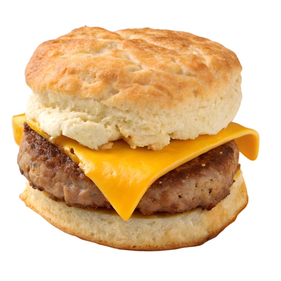 Mouthwatering Cheddar Biscuit Sandwich with Savory Sausage Patty. Perfect for Breakfast or Anytime Snacking. Enjoy a Delicious Combination of Flavors and Textures in Every Bite png
