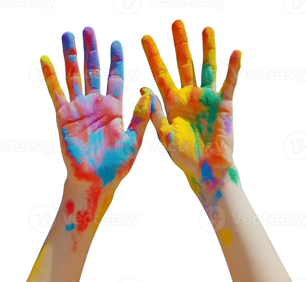 Vibrant hands covered in colorful paint showcasing creativity and artistic expression. Holi celebration png
