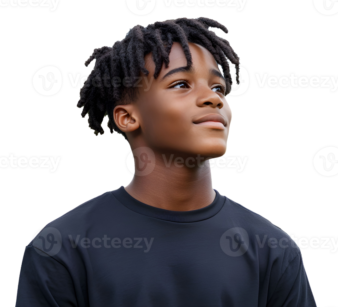 African young boy with stylish dreadlocks gazes upward against a plain background. png