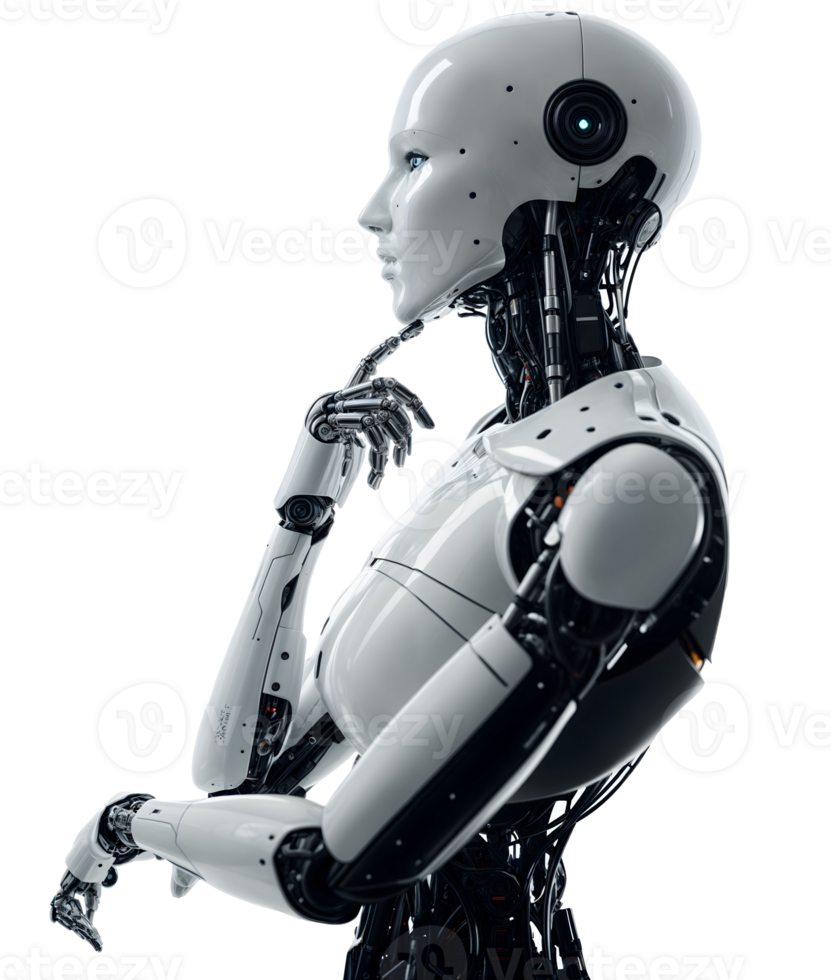 White robot stands in a thoughtful pose. Concept of artificial intelligence development. png
