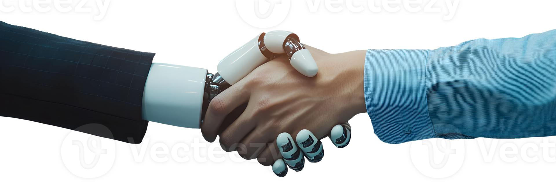 Robotic hand and human hand shake to symbolize collaboration between technology and humanity in a professional environment png