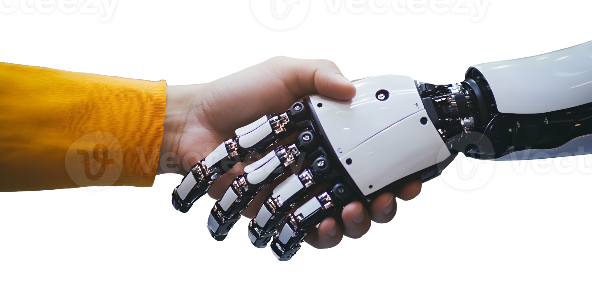 Human and robotic hands shake in a demonstration of advanced technology and collaboration in artificial intelligence and robotics development png