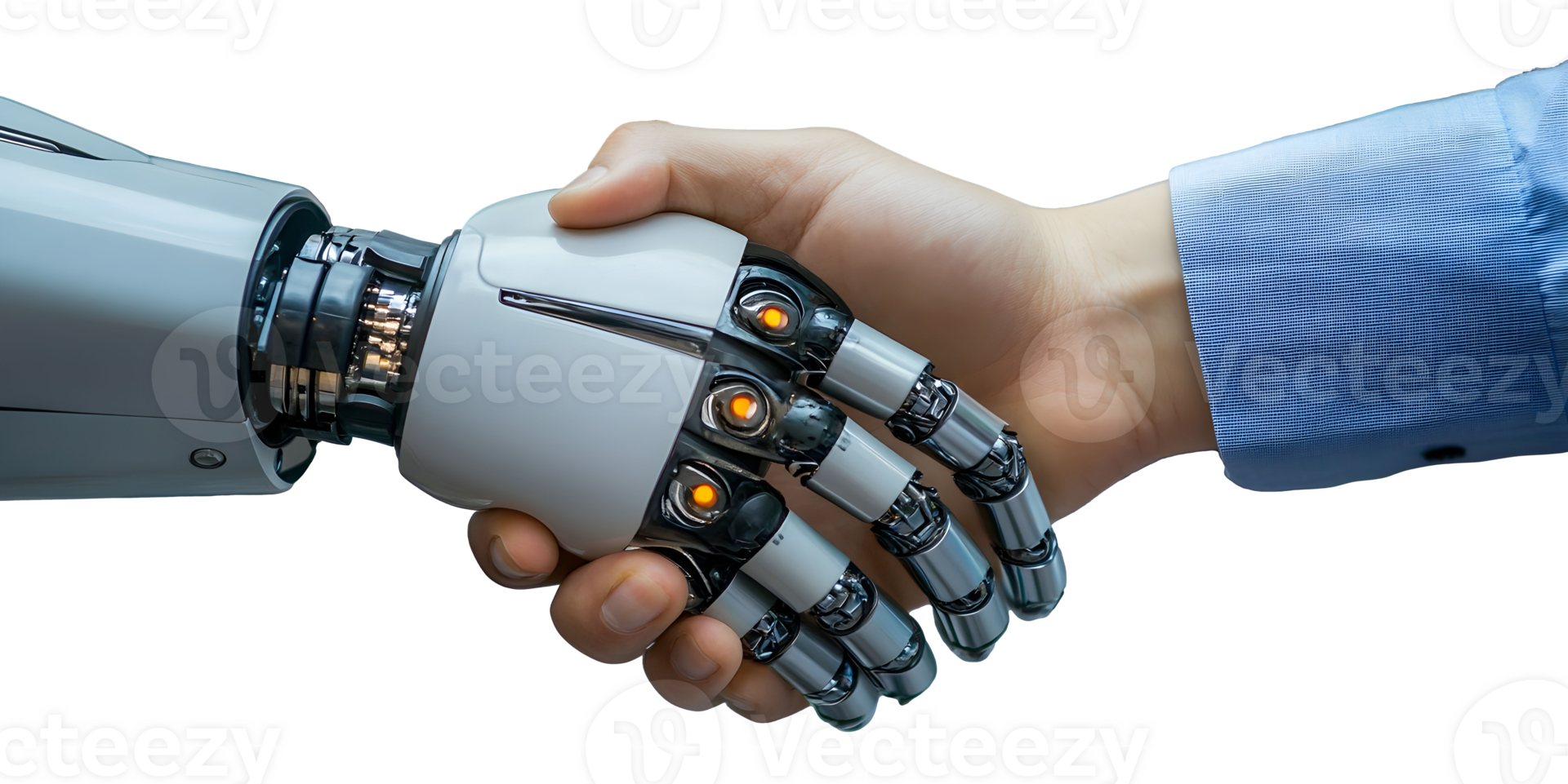 Robotic hand and human hand shake to symbolize collaboration between technology and humanity png