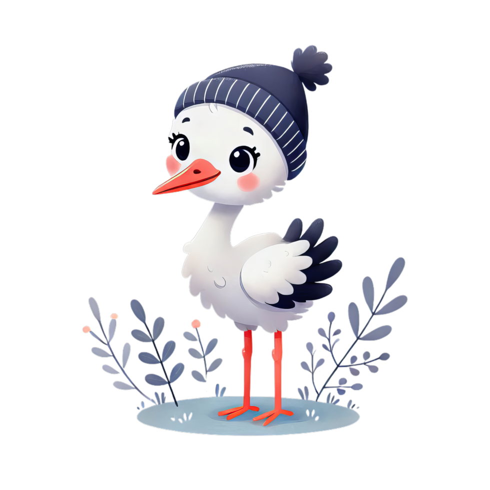 A cartoon white stork with a hat and a red nose png