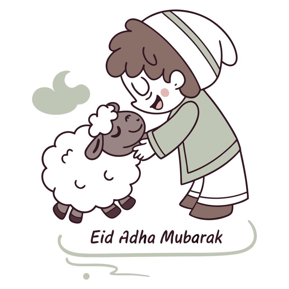 Eid Adha Mubarak A boy embraces a sheep, a symbol of the Islamic holiday. vector