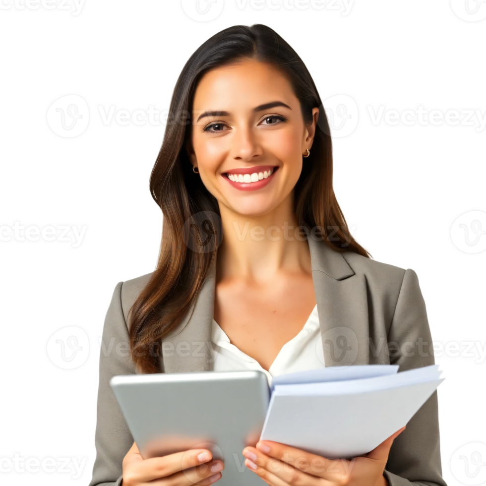 A smiling woman holding a tablet and holding a folder png
