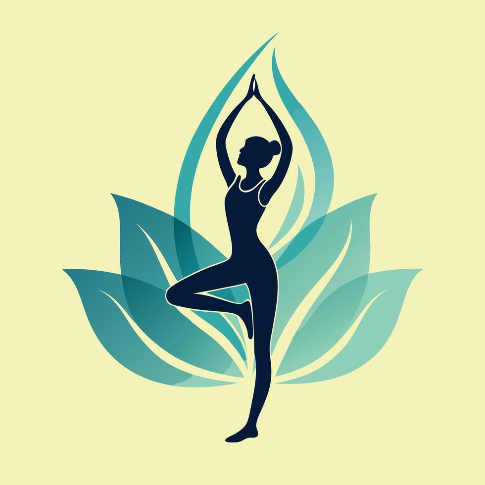 Yoga silhouette in tree pose with a lotus flower backdrop vector