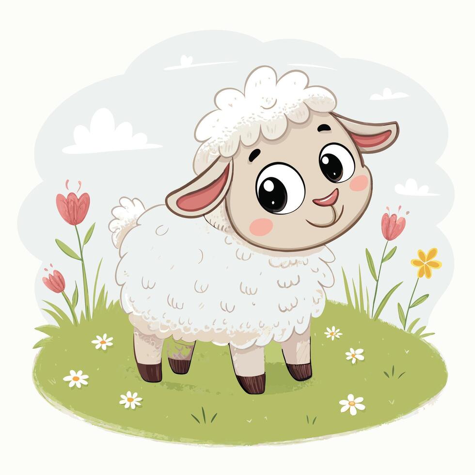 A cute and fluffy sheep smiling in a field of grass and flowers vector