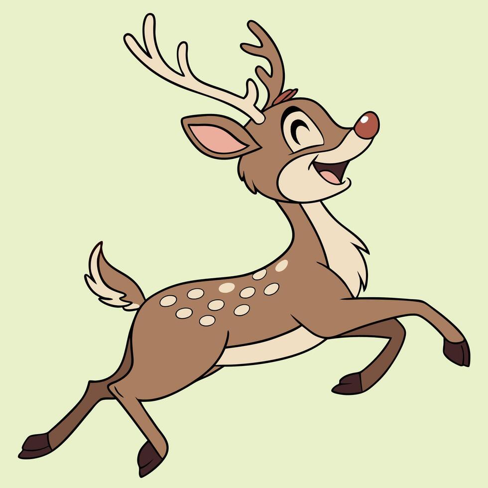 A joyful reindeer jumping with a smile, a cute and happy Christmas cartoon illustration. vector