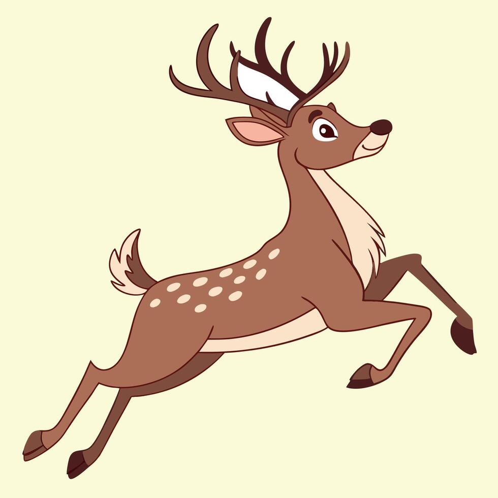 Cartoon deer jumping happily with white spots and big antlers vector