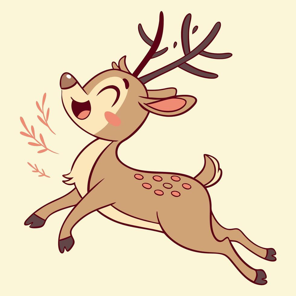 A happy and jumping cartoon deer with antlers and a big smile, isolated on a light background vector