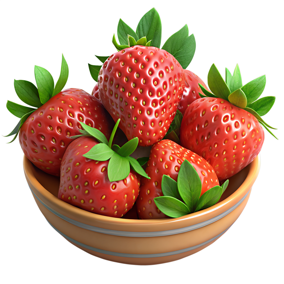 A bowl of fresh strawberries with green leaves png