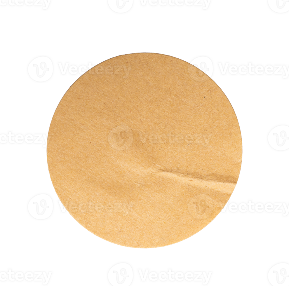 Round crumpled sticker made of recycled brown paper with transparent background, ideal for eco friendly projects png