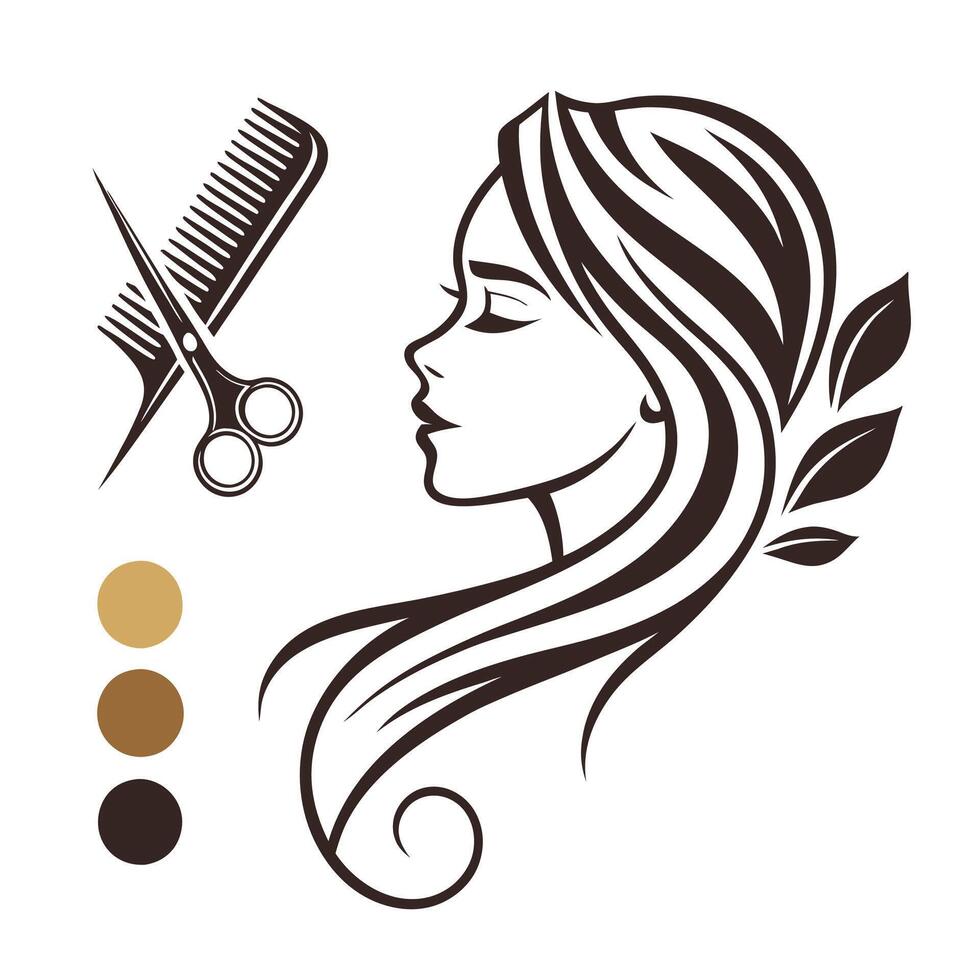 Elegant woman with long hair, comb, scissors and leaves logo for a beauty salon vector