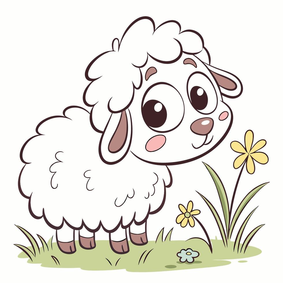 Cute cartoon sheep enjoying flowers in a green meadow vector
