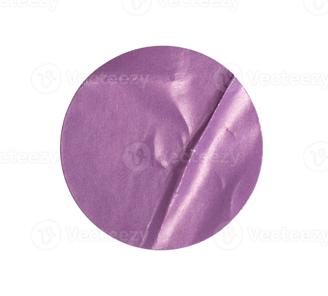 Crumpled purple round sticker paper with transparent background, creating a textured and vibrant visual element png