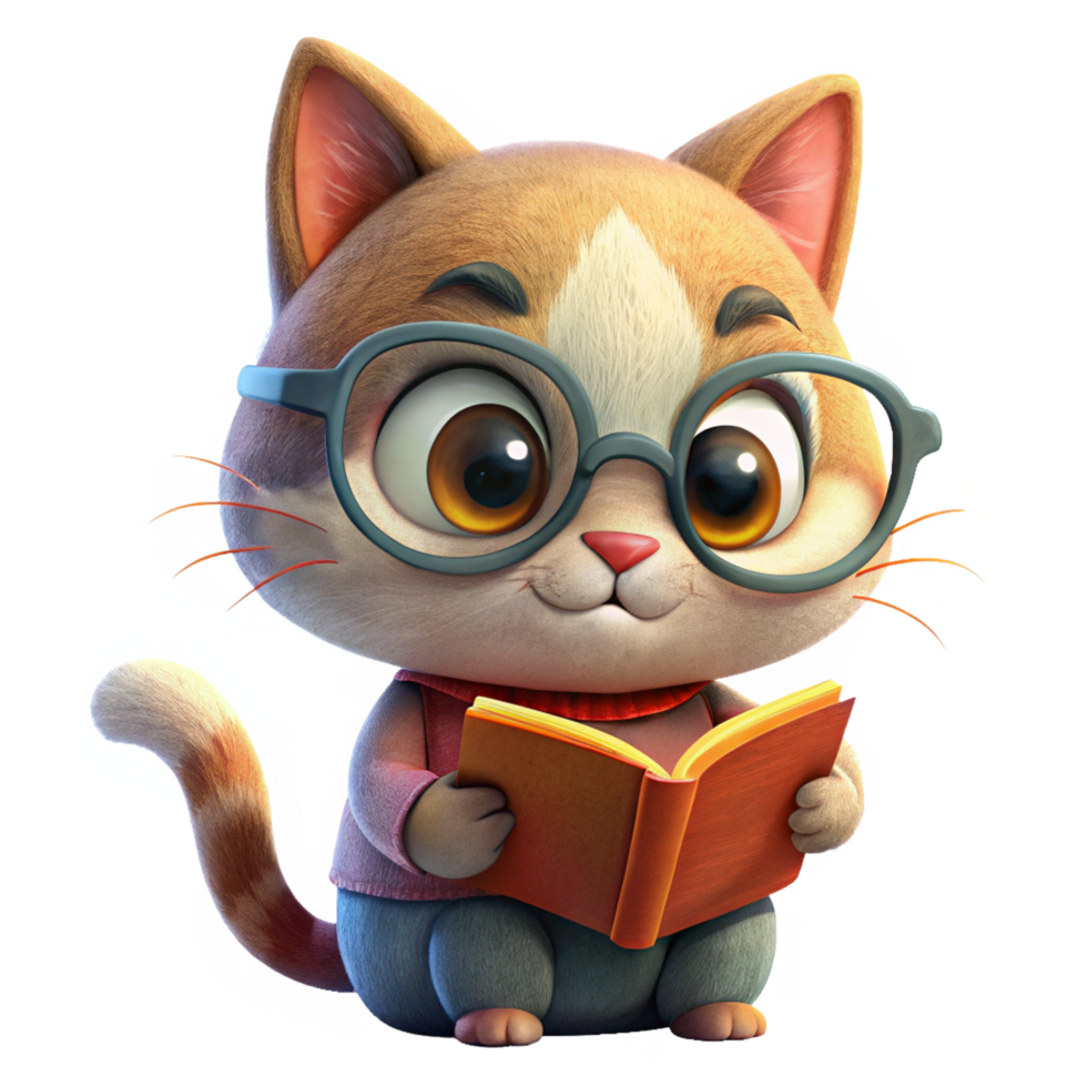 Cat in glasses sitting with books png