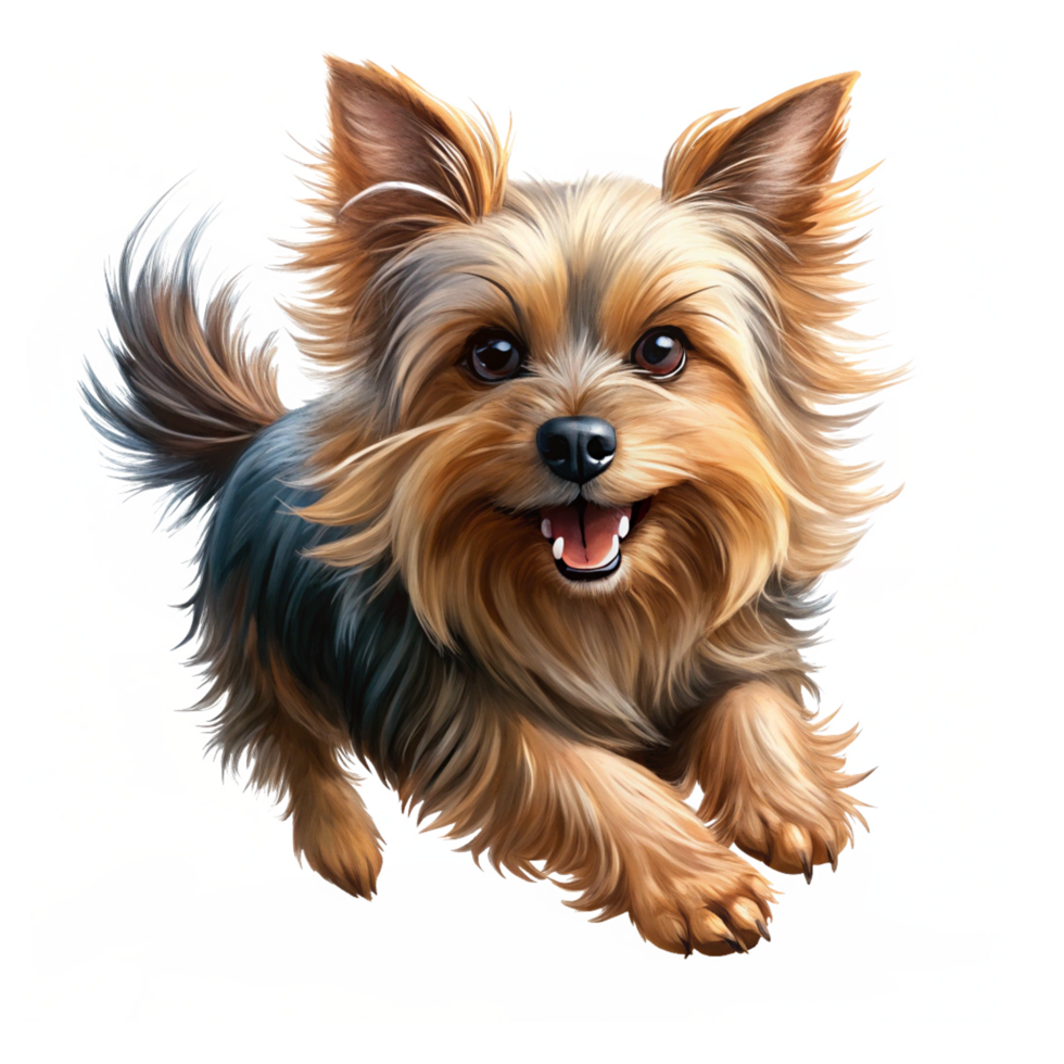 Yorkshire Terrier happily running with a bright expression in transparent background png