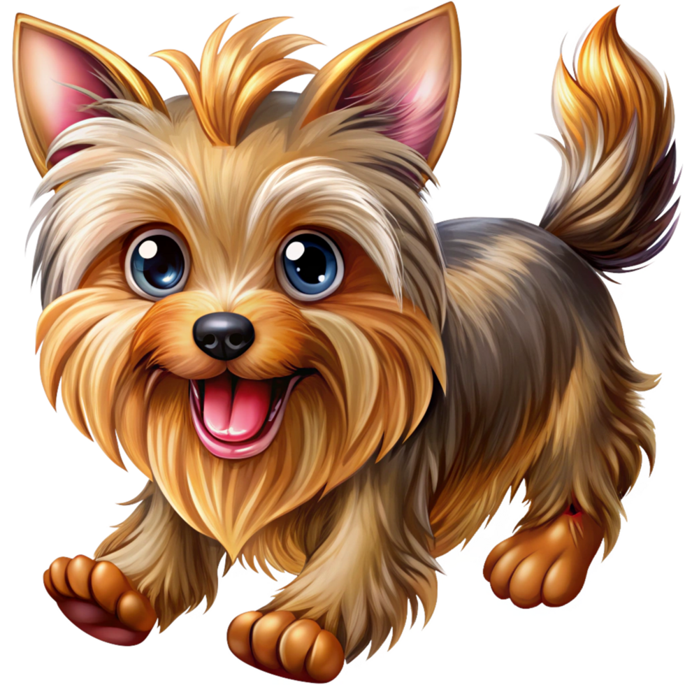 Playful Yorkshire Terrier caught in action mid-run in transparent background png